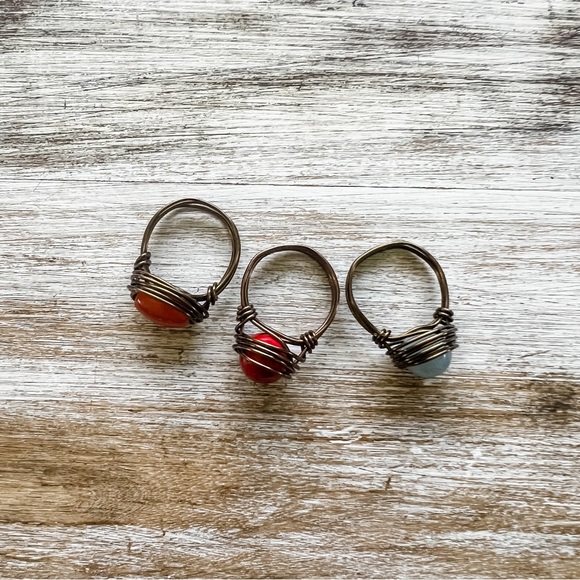 Boho Stacking Bronze Wire Ring Set Angelite Carnelian Jasper 9 or 9.5 - Picture 3 of 4